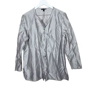 Eileen Fisher Womens Silk Crinkle Button Up Shirt Silver Lagenlook Size Small